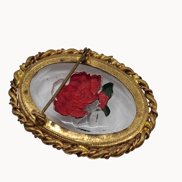Vintage Gold-Toned Frame Clear Glass Red Handpainted Rose Brooch Fashion Jewelry - Picture 14 of 16